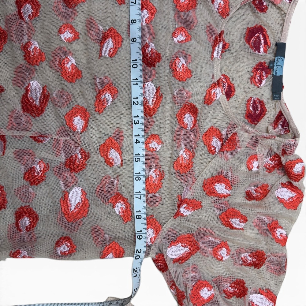 Eva Franco Cheetah Rose Mesh Blouse M Tan Red Embroidered Tie Cuff Art to Wear - Picture 7 of 9